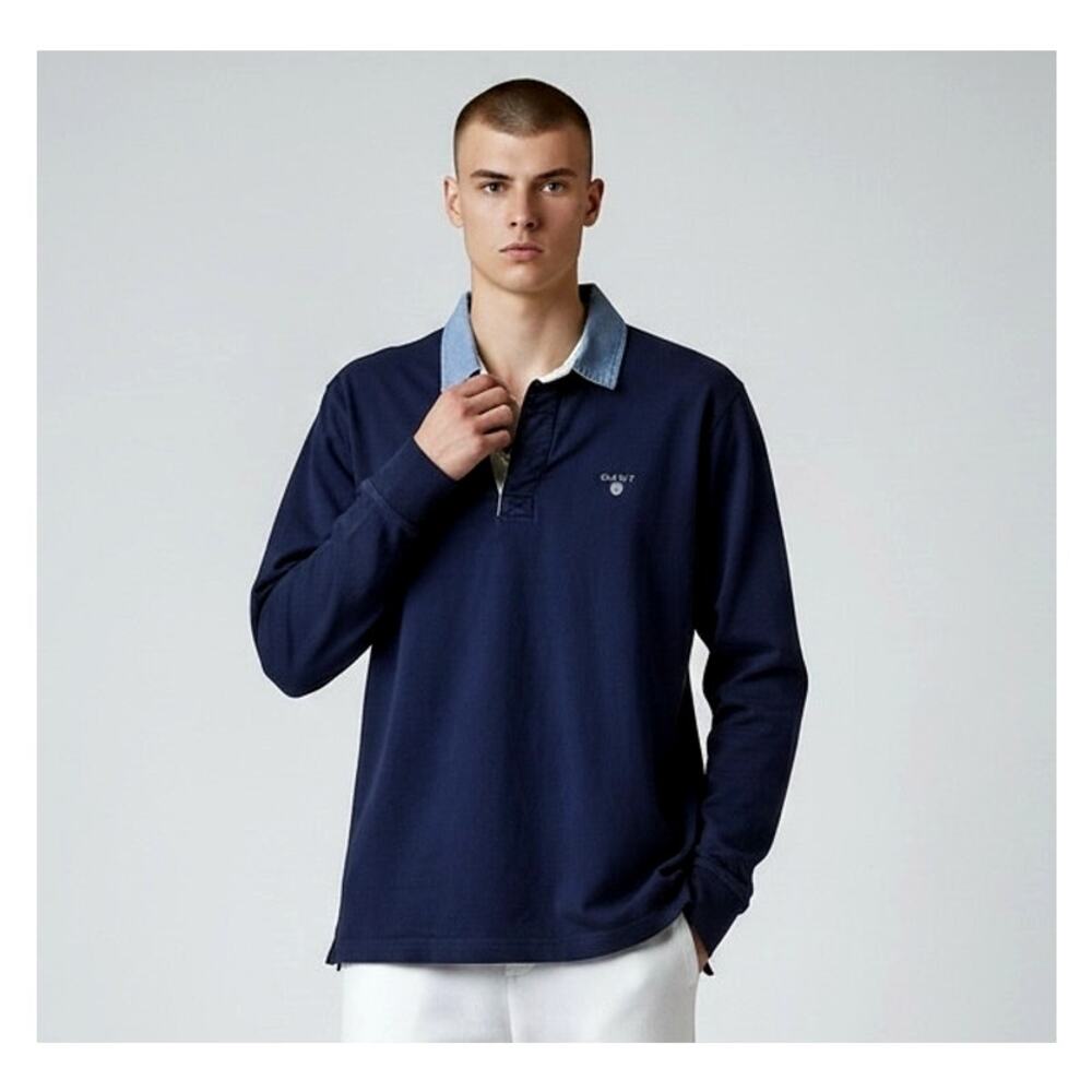 GANT Men's Rugby Polo Shirt Medium Navy Blue Long Sleeve 100% Cotton Logo Preppy